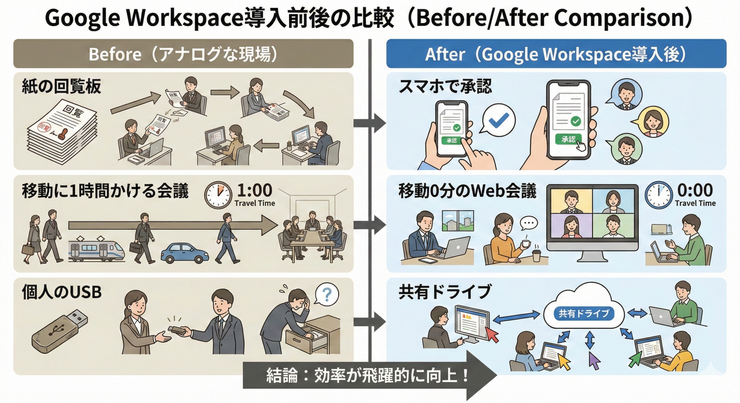 Google Workspace導入前後の比較表（Before/After）